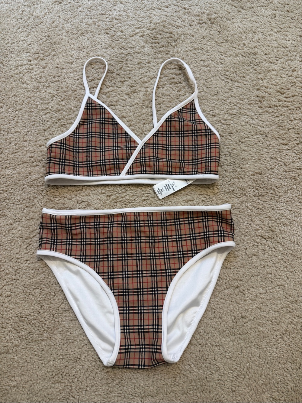 Burberry Beige Plaid Girls Swim Bikini with White Trim